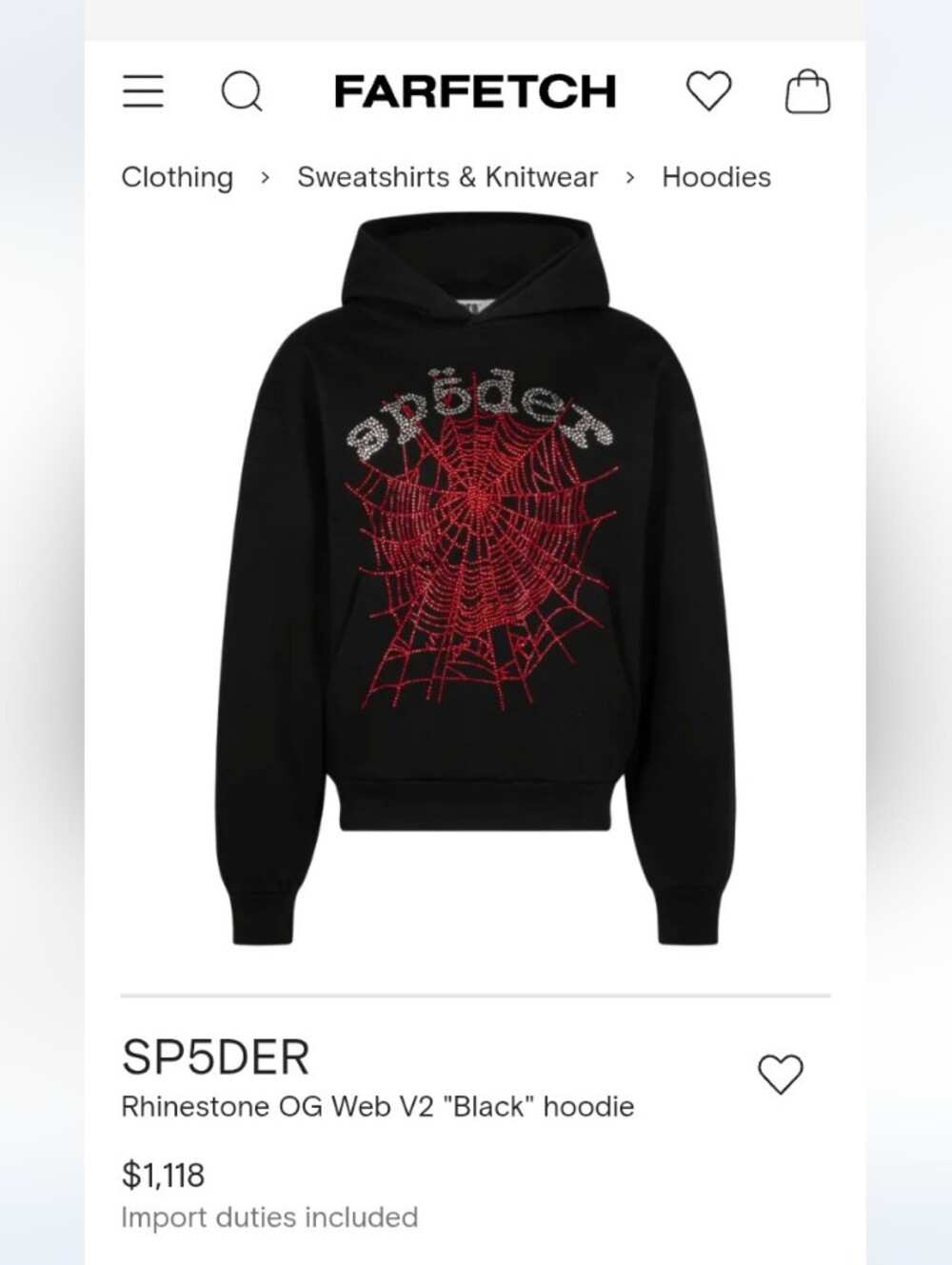 Authentic SP5DER Black Red Rhinestone Web Hoodie Small